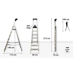 Échelle PRO en aluminium avec plateforme, 7 marches, 150 kg