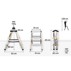 Drabina PRO aluminiowa dwustronna 3 stopnie 150 kg