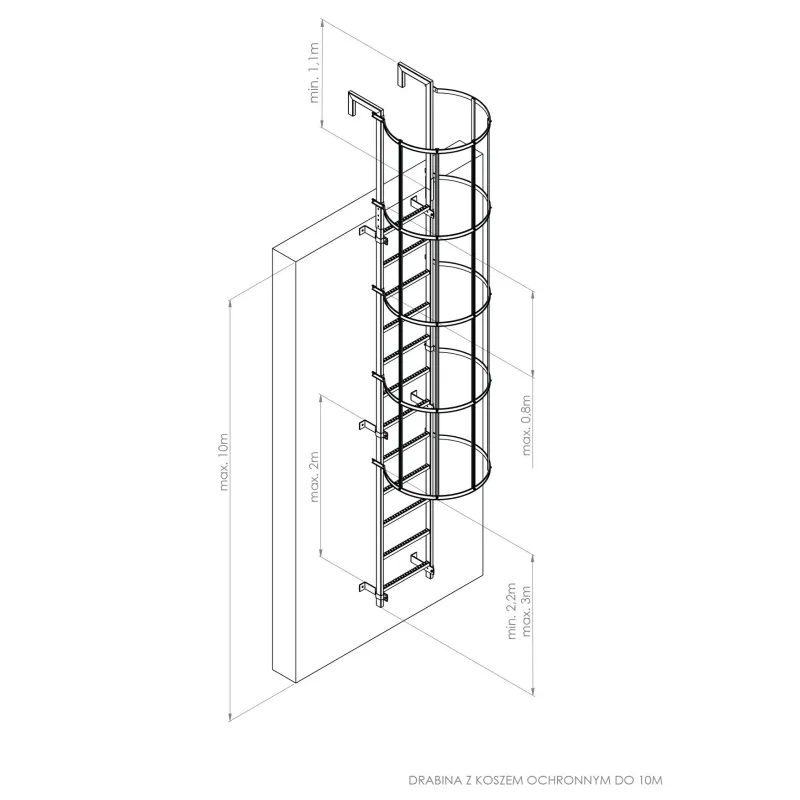 Steel fire escape ladder up to 10 m, with safety cage/1 m