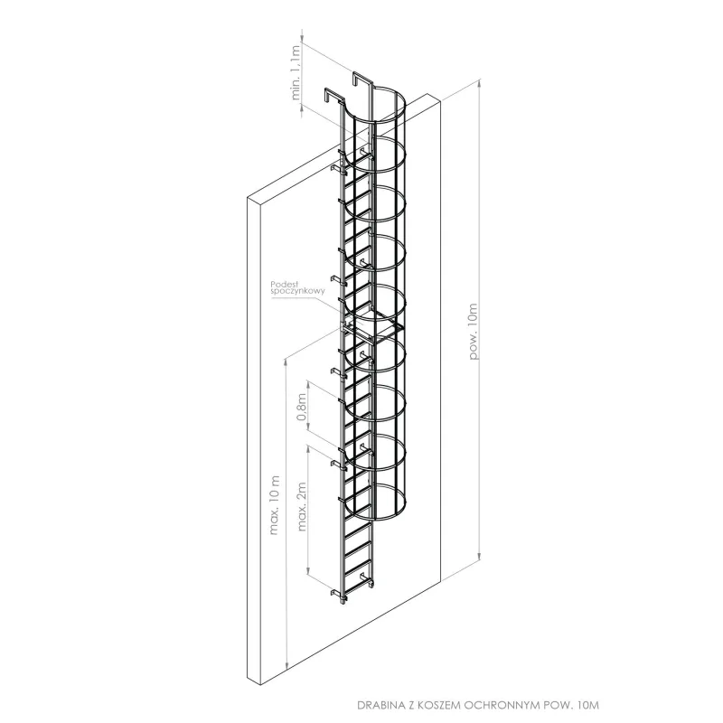 Steel fire escape ladder higher than 10 m, with safety cage/1 m
