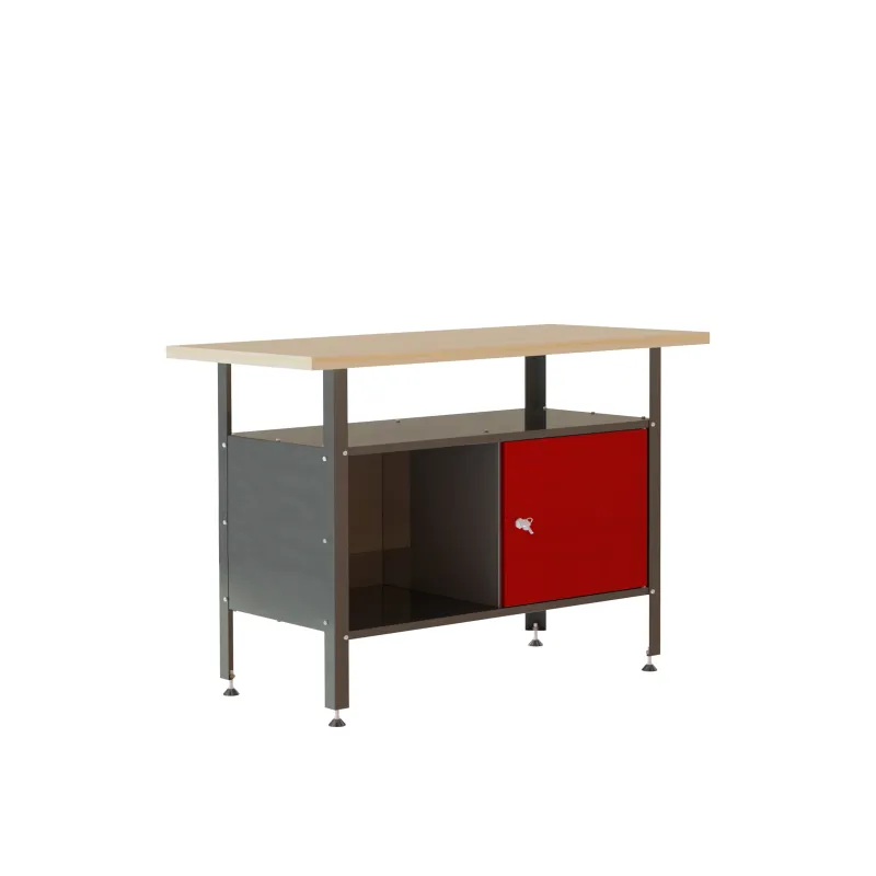 S8 metal workshop table with a cabinet and wooden tabletop