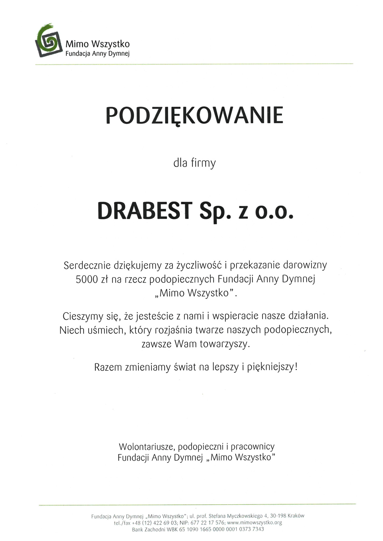 DRABEST Podziękowania fundacji Mimo Wszystko