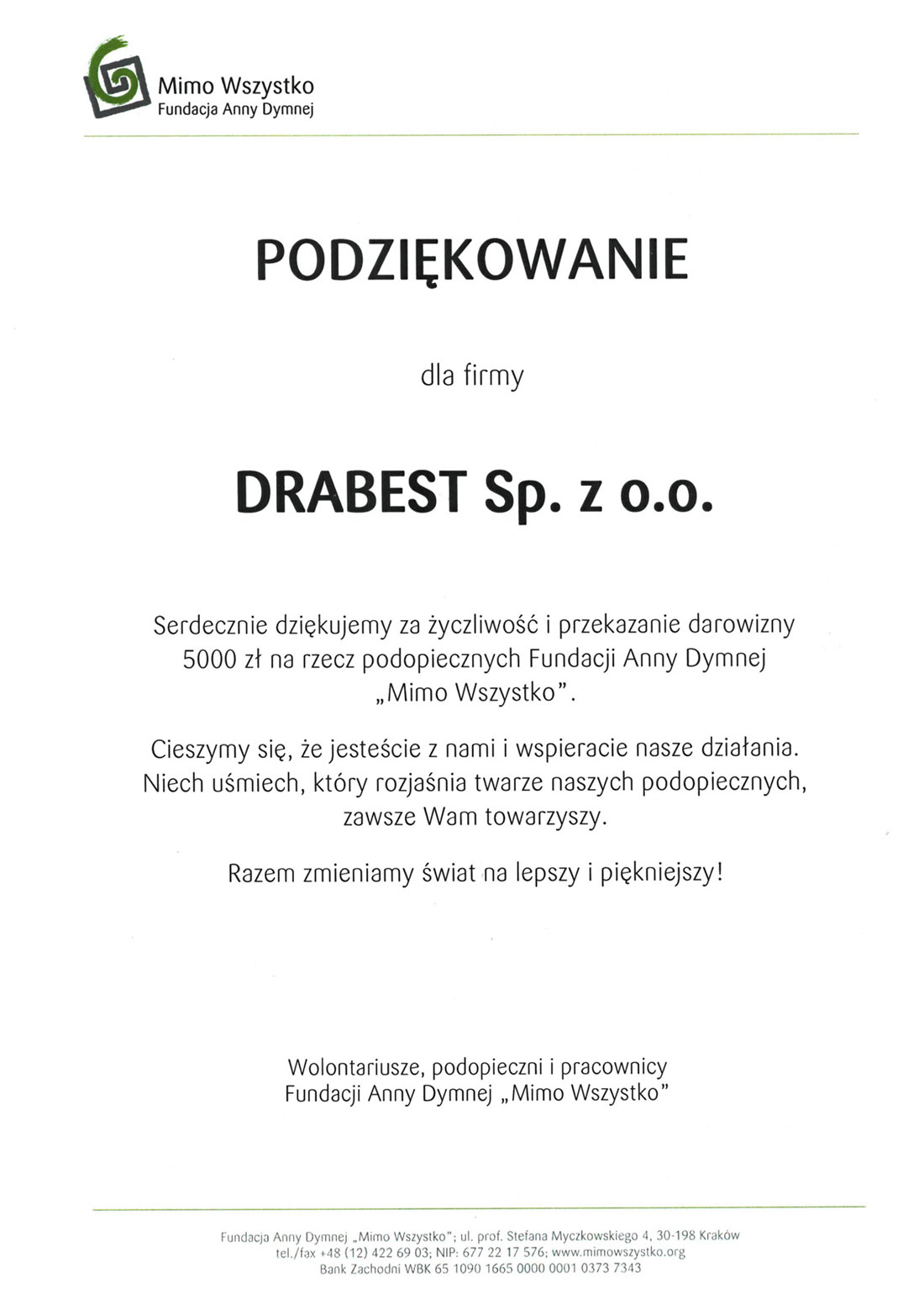 DRABEST Podziękowania fundacji Mimo Wszystko