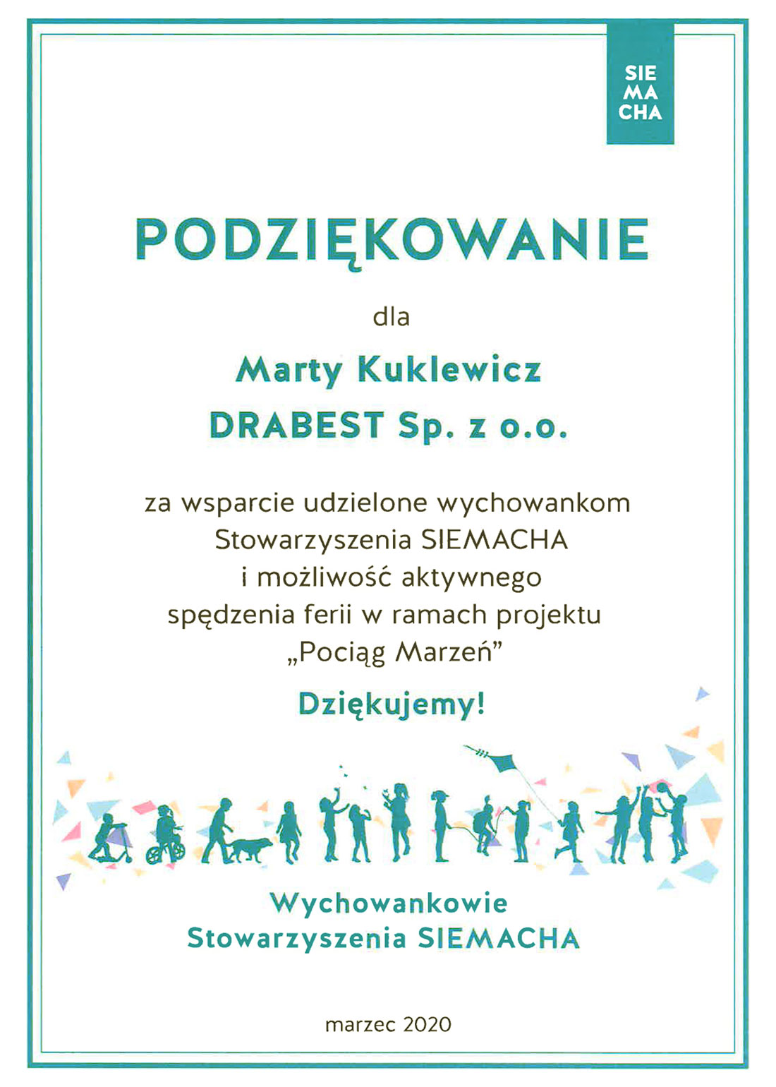 Drabest podziękowanie Stowarzyszenie SIEMACHA