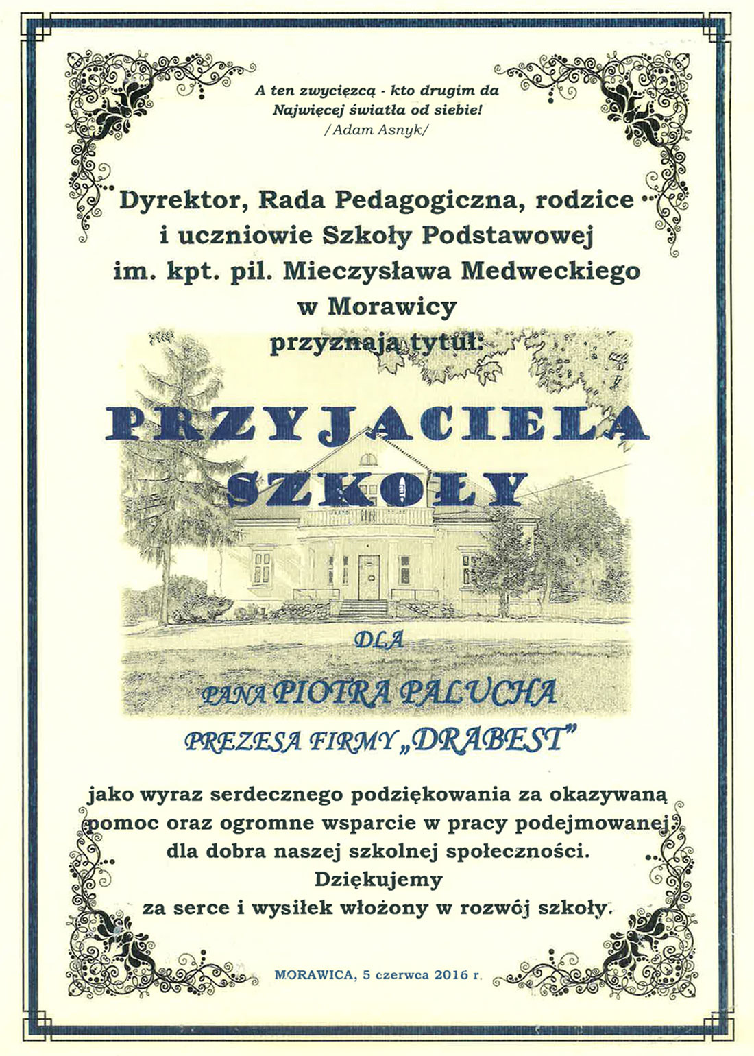 Drabest tytuł Przyjaciela Szkoły w Morawicy 2016